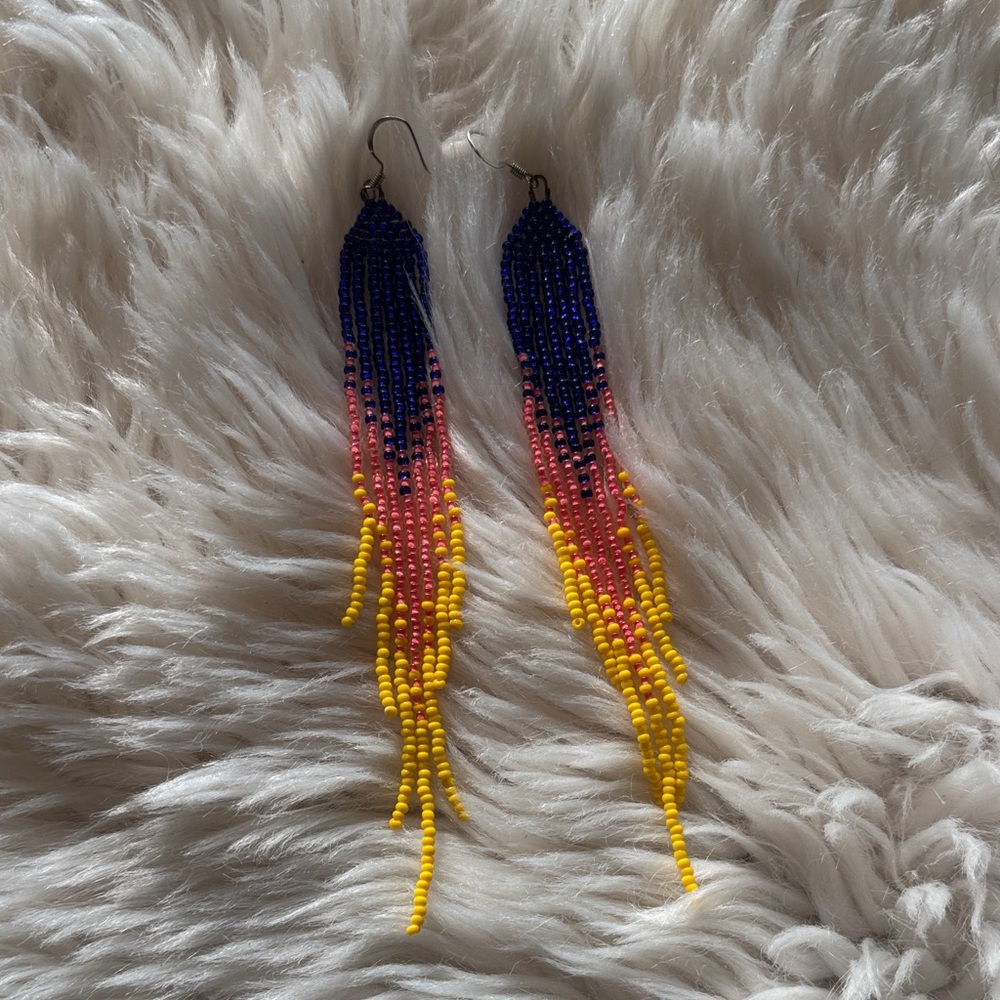 Handmade Authentic Indigenous Beaded Tassel Earrings in Blue, Pink & Yellow
